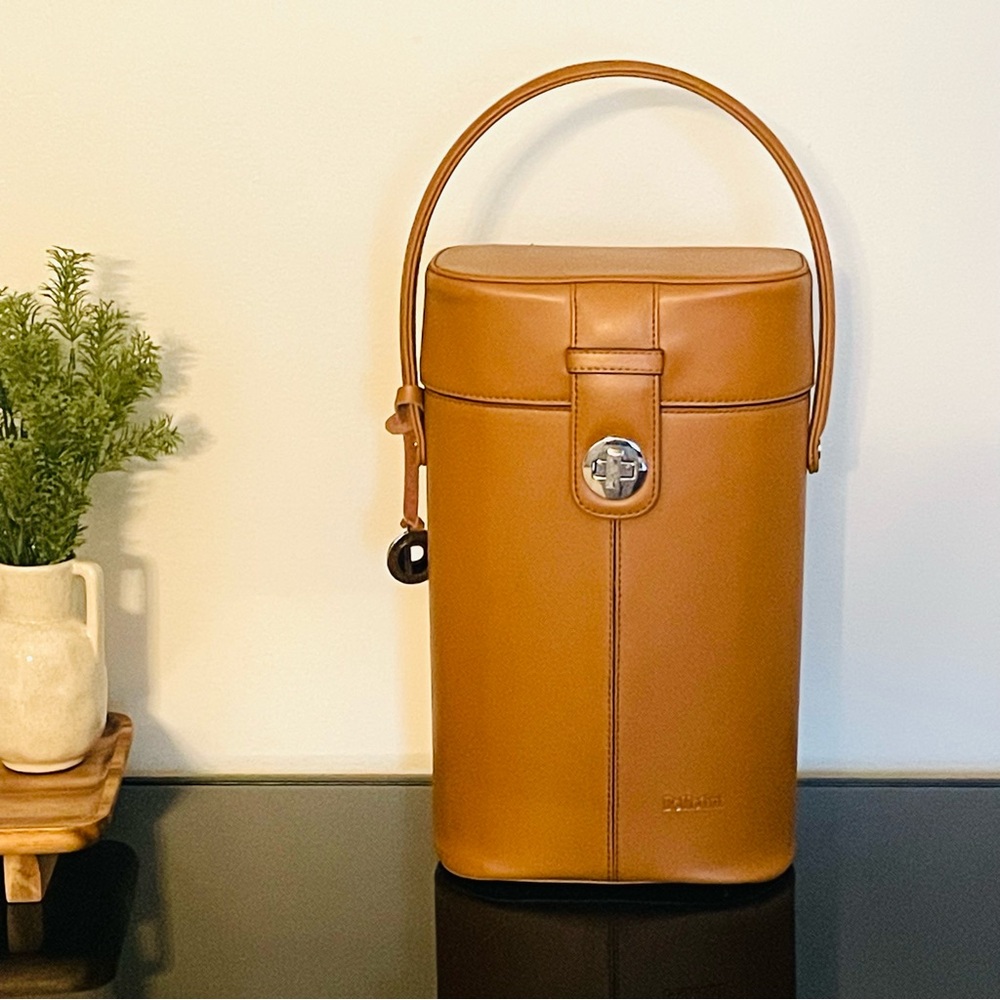 PELLETINI Deluxe Genuine Leather Wine Carrier Cognac w/ Opener Holds 2 Bottles
